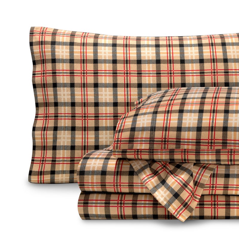 Bare Home Flannel Sheet Set Prints 100 Cotton Soft Heavyweight  Christmas Sheets  Double Brushed Flannel for Extra Softness  Comfort  Deep Pocket  Holiday Sheets Queen Red Lodge Plaid