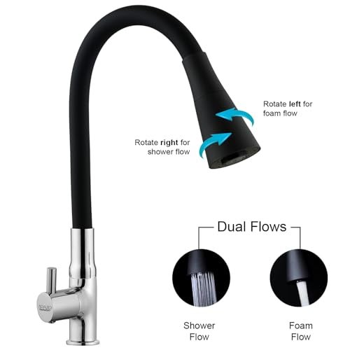SPAZIO Turbo Brass Swan Neck Tap/Sink Faucet with Black 360 Degree Flexible Silicon Swivel Spout & Dual Flow Pattern, Hot/Cold Water for Kitchen Sink, Wash Basin, Chrome Finish Pillar Cock - Image 4