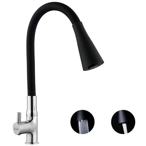 SPAZIO Turbo Brass Swan Neck Tap/Sink Faucet with Black 360 Degree Flexible Silicon Swivel Spout & Dual Flow Pattern, Hot/Cold Water for Kitchen Sink, Wash Basin, Chrome Finish Pillar Cock - Image 1