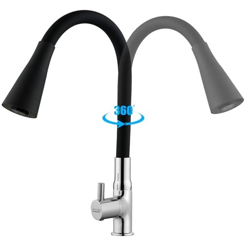 SPAZIO Turbo Brass Swan Neck Tap/Sink Faucet with Black 360 Degree Flexible Silicon Swivel Spout & Dual Flow Pattern, Hot/Cold Water for Kitchen Sink, Wash Basin, Chrome Finish Pillar Cock - Image 2