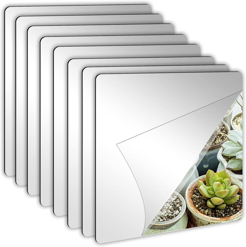 JUNEBRUSHS 8 Pack Self Adhesive Acrylic Mirror, 8 x 8 Inch Tiles,Flexible Plastic Mirror Sheets Wall Stickers,2MM Thick Frameless Small Mirror - Image 1