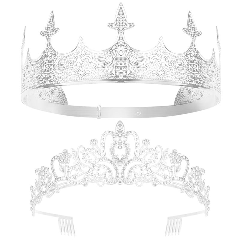 AOPRIE King & Queen Tiara and Crown for Women Men Girls Boys Halloween Party Event Supllies Favors Silver White, 2 Pack - Image 1