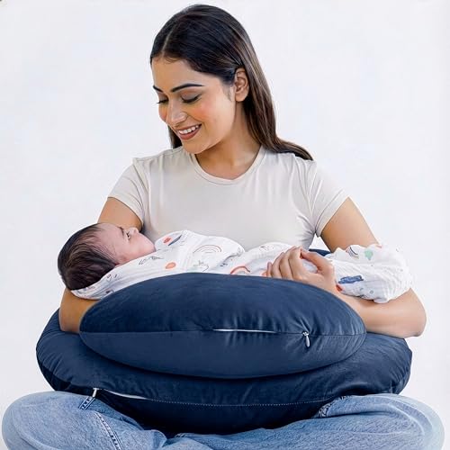 Cherilo Feeding Pillow for New Born Baby | Adjustable Feeding Pillow for Breastfeeding with Baby Support Fence Design, Soft Velvet Cover, Navy Blue | Nursing Pillow for Comfortable Feeding - Image 1