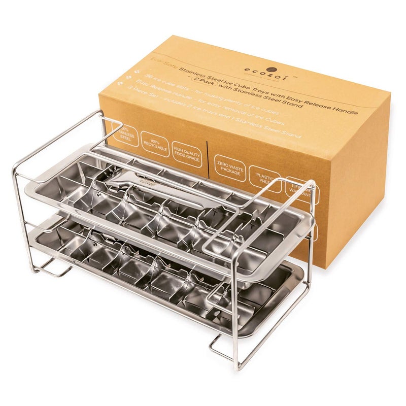 ecozoi NonToxic Stainless Steel Ice Cube Tray 2 Pack 36 Large Cube Slots Plastic Free Eco Friendly Freezer Mold WEasy Release Lever Stackable Retro Inspired Old Fashioned Vintage IceMaking