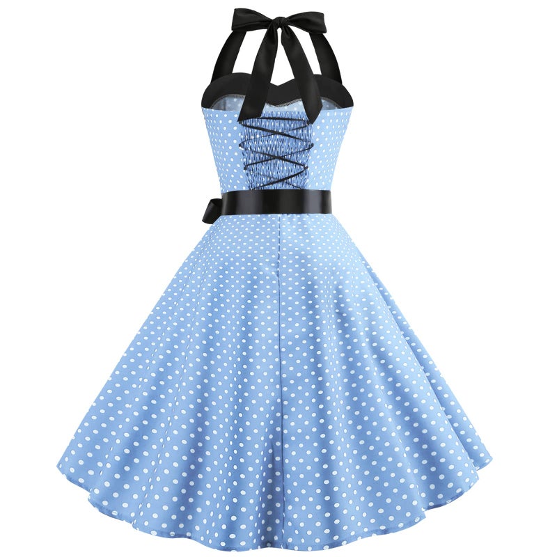 IKADEX Vintage Women 1950s Rockabilly Swing Dress Pinup 50s Retro Hepburn Style Halterneck A-Line Dresses #A: Light Blue M - Image 4