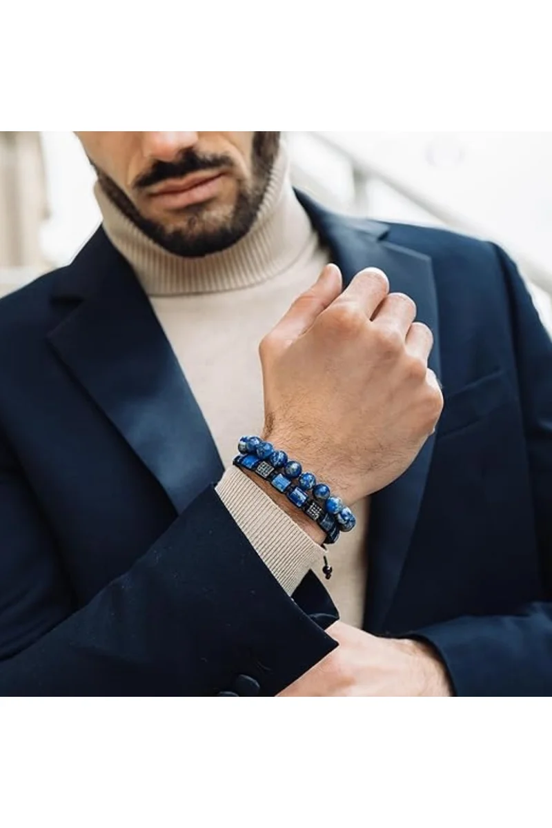 Lunnora Lapis Lazuli Flat Beads Handmade Natural Stone Bead Bracelet – Bracelet for Men, Men’s Bracelet, Gifts for Men, Bracelets for Men – Adjustable One Size Fits All