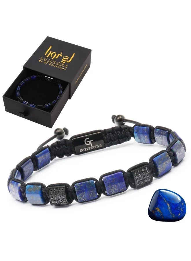 لونورا خرز اللازورد المسطح سوار خرز من الحجر الطبيعي مصنوع يدويًا – سوار للرجال، سوار رجالي، هدية للرجال، أساور للرجال – قابل للتعديل بمقاس واحد للجميع
