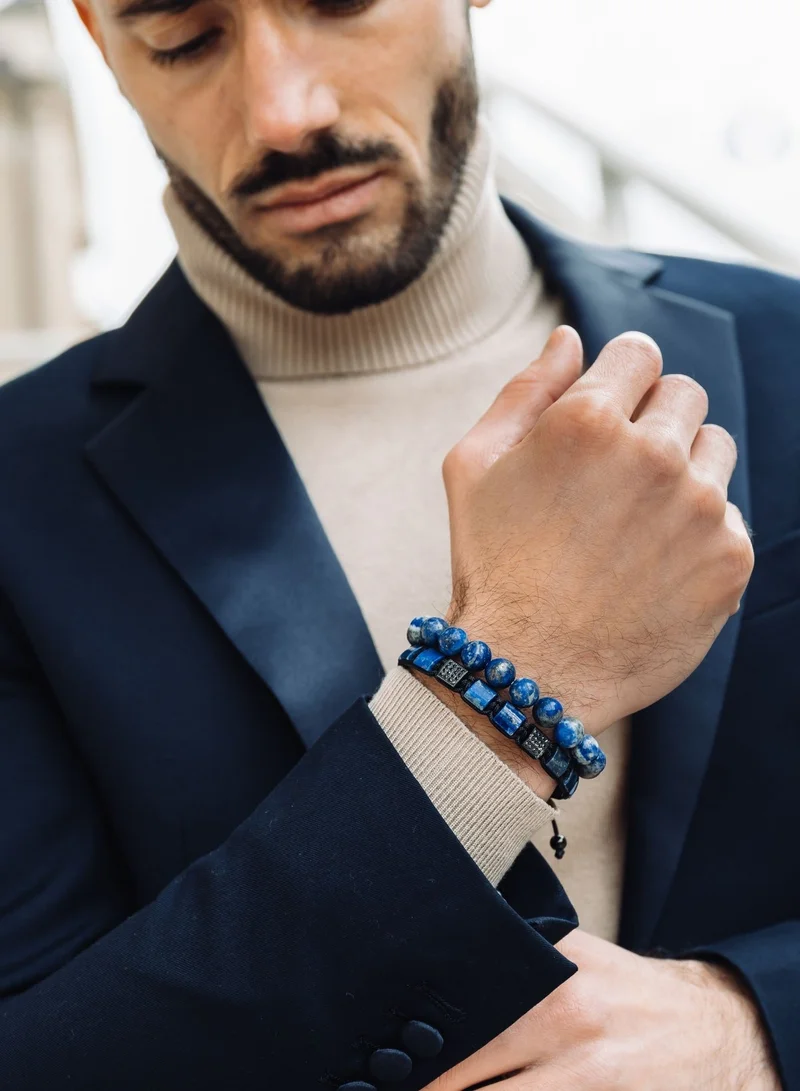 لونورا خرز اللازورد المسطح سوار خرز من الحجر الطبيعي مصنوع يدويًا – سوار للرجال، سوار رجالي، هدية للرجال، أساور للرجال – قابل للتعديل بمقاس واحد للجميع