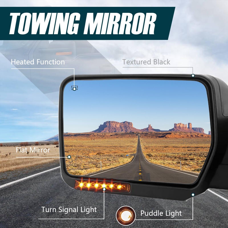 Perfit Zone Towing Mirrors Fit 07-14 F150 Pickup Truck, POWER HEATED With AMBER SIGNAL BLACK Mirror LEFT Driver Side Replacement - Image 2