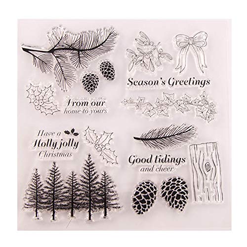 LZBRDY Winter Trees Branch Leaves Pine Cones Bow Clear Rubber Stamps for Card Making and Scrapbooking Christmas Wishes Words Silicone Stamps - Image 1