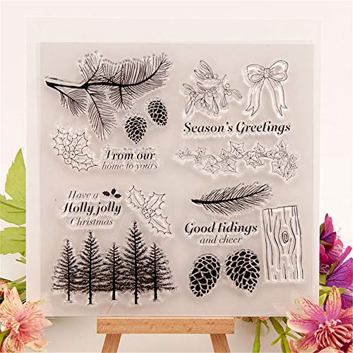 LZBRDY Winter Trees Branch Leaves Pine Cones Bow Clear Rubber Stamps for Card Making and Scrapbooking Christmas Wishes Words Silicone Stamps - Image 2