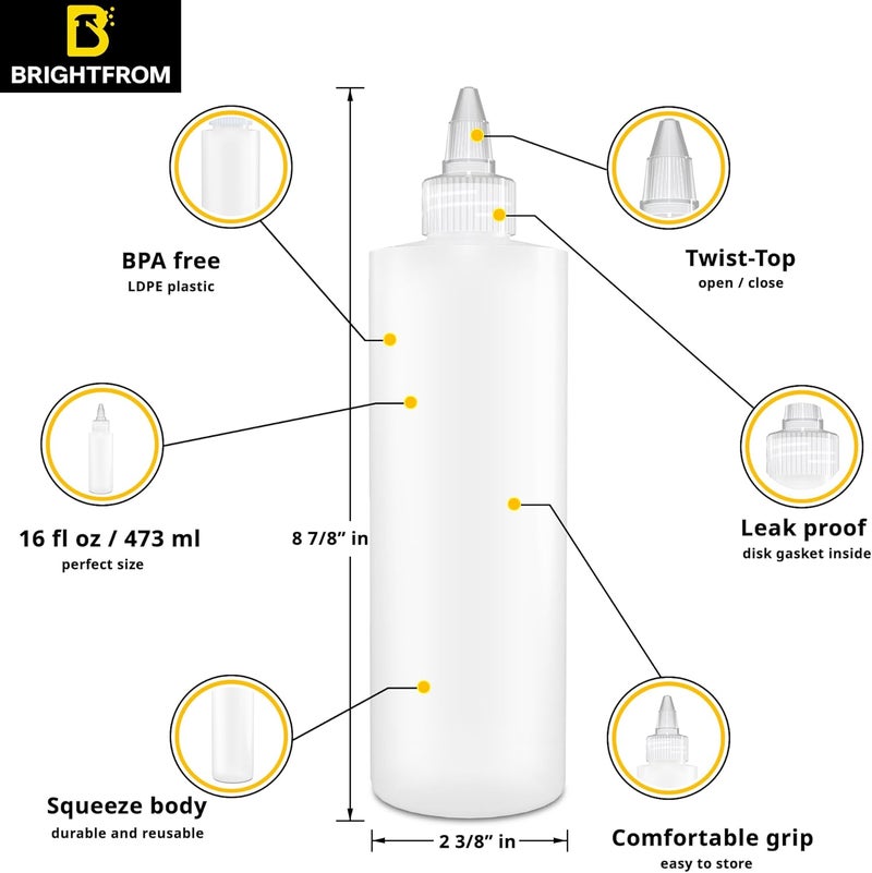 BRIGHTFROM Condiment Squeeze Bottles 16 OZ Empty Squirt Bottle Clear Twist Top Cap Leak Proof  Great for Ketchup Mustard Syrup Sauces Dressing Oil Arts and Crafts BPA FREE Plastic  2 PACK - Image 2