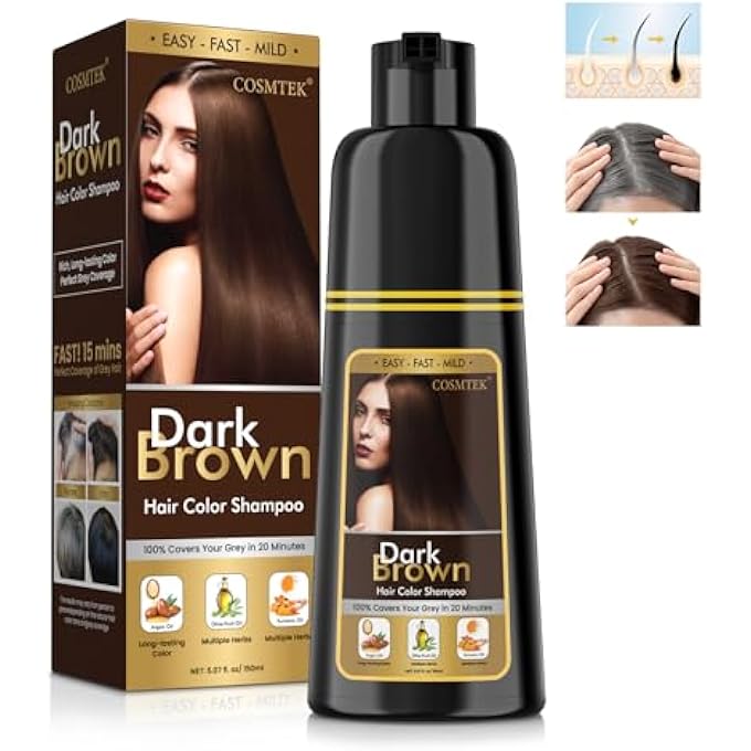 COSMTEK HAIR DYE SHAMPOO - DARK BROWN HAIR DYE SHAMPOO FOR GREY HAIR INSTANT 3-IN-1 VEGETABLE HAIR COLOUR SHAMPOO CONTAINS GINSENG EXTRACT FOR MEN AND WOMEN 150 ML DARK BROWN - Image 1