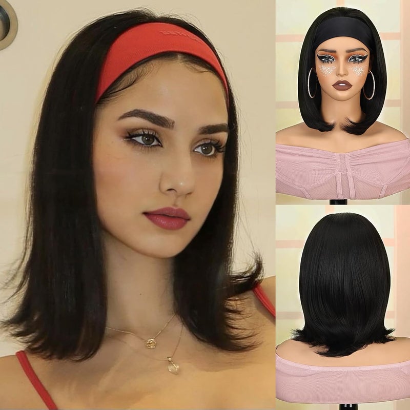 Creamily Short Bob Hairband Style Wigs for Women Ice Silk Shoulder Length Synthetic Natural Cosplay Wig Bob for Girl Colorful Costume Wigs Black - Image 1