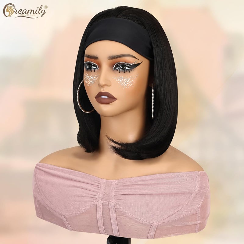 Creamily Short Bob Hairband Style Wigs for Women Ice Silk Shoulder Length Synthetic Natural Cosplay Wig Bob for Girl Colorful Costume Wigs Black - Image 3