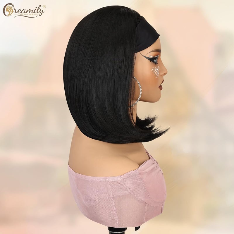 Creamily Short Bob Hairband Style Wigs for Women Ice Silk Shoulder Length Synthetic Natural Cosplay Wig Bob for Girl Colorful Costume Wigs Black - Image 4