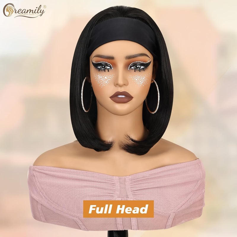 Creamily Short Bob Hairband Style Wigs for Women Ice Silk Shoulder Length Synthetic Natural Cosplay Wig Bob for Girl Colorful Costume Wigs Black - Image 2