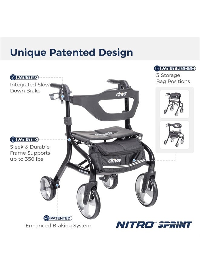 Drive Medical Nitro Sprint Foldable Rollator Walker with Seat, Standard Height Lightweight Rollator with Large Wheels, Folding Rolling Walker, Walker Rollator with Seat, Black  - Image 2