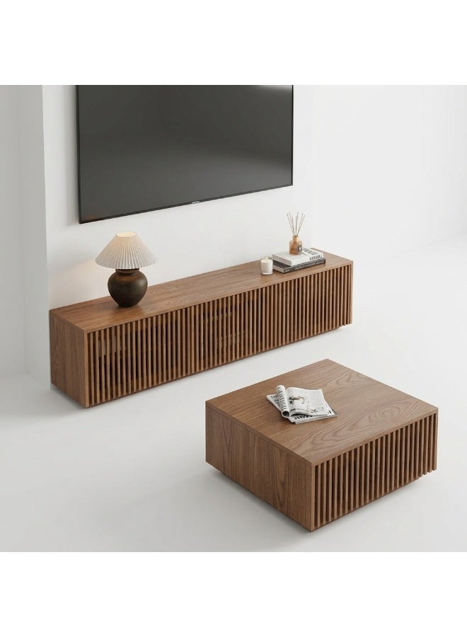 Natural Wood Slatted TV Unit and Coffee Table Set, Brown, 2 Pieces - Image 4