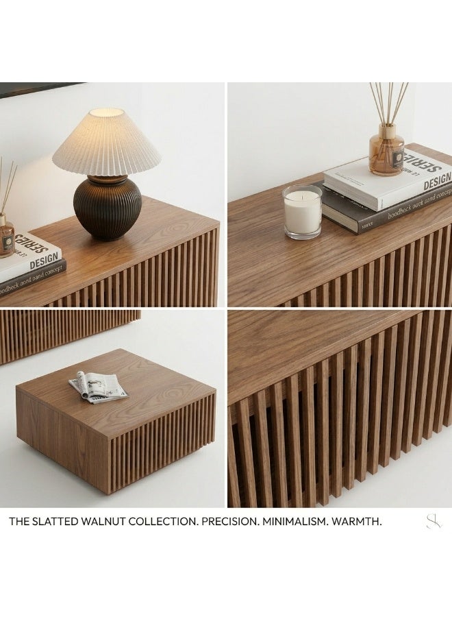 Natural Wood Slatted TV Unit and Coffee Table Set, Brown, 2 Pieces - Image 3