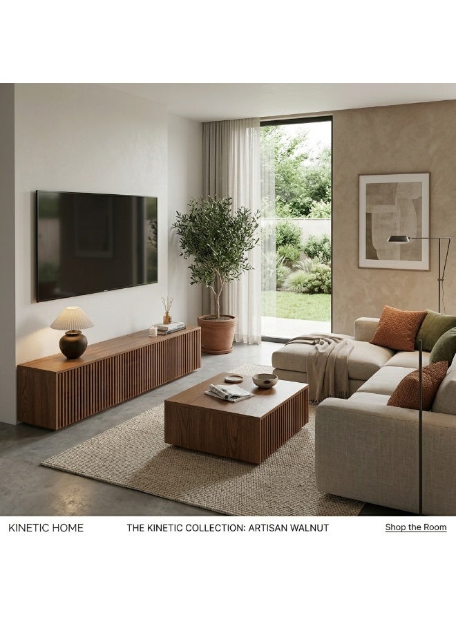 Natural Wood Slatted TV Unit and Coffee Table Set, Brown, 2 Pieces - Image 1