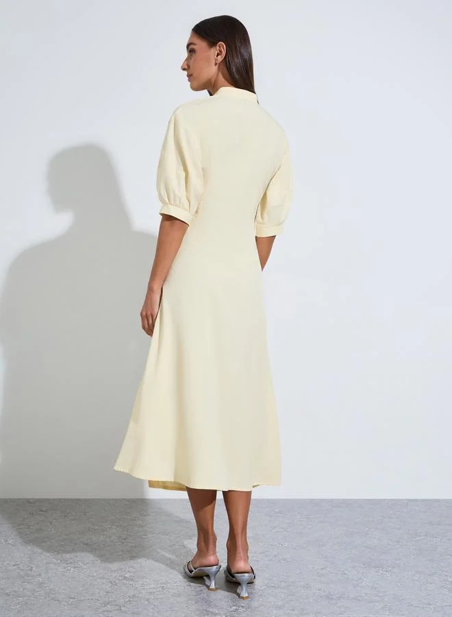 Styli  Yellow Solid Side Gathered Detail Short puff Sleeves Midi Dress for Women | Best Price UAE