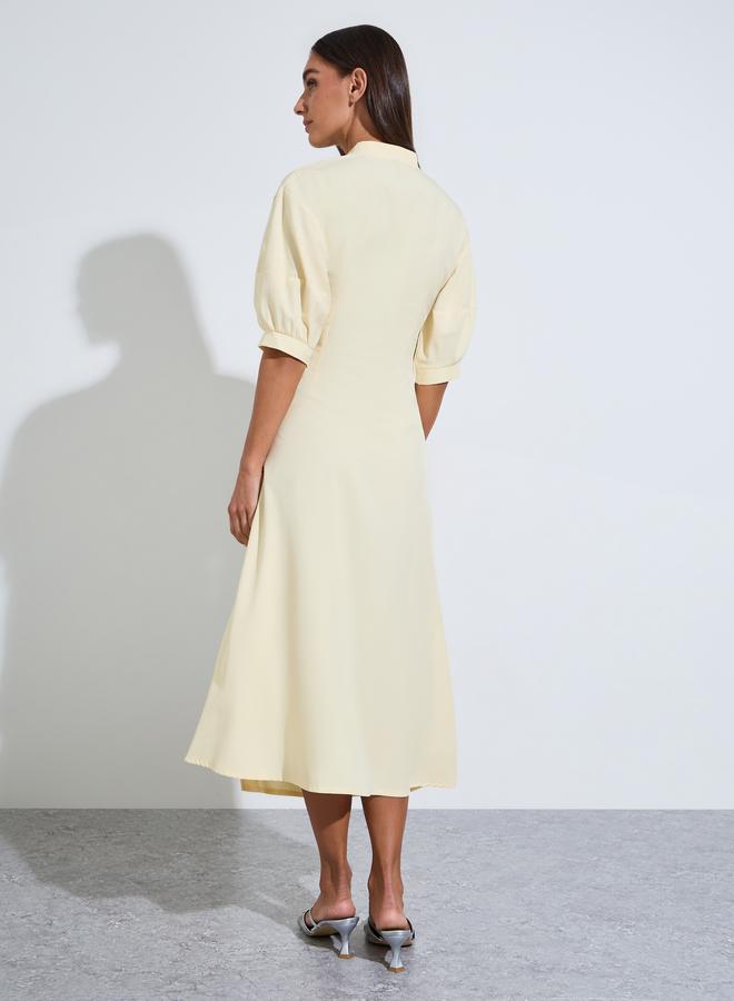 Styli Yellow Solid Side Gathered Detail Short puff Sleeves Midi Dress - Image 4
