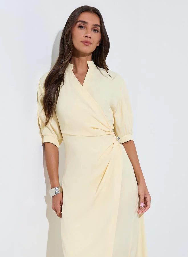 Styli  Yellow Solid Side Gathered Detail Short puff Sleeves Midi Dress for Women | Best Price UAE
