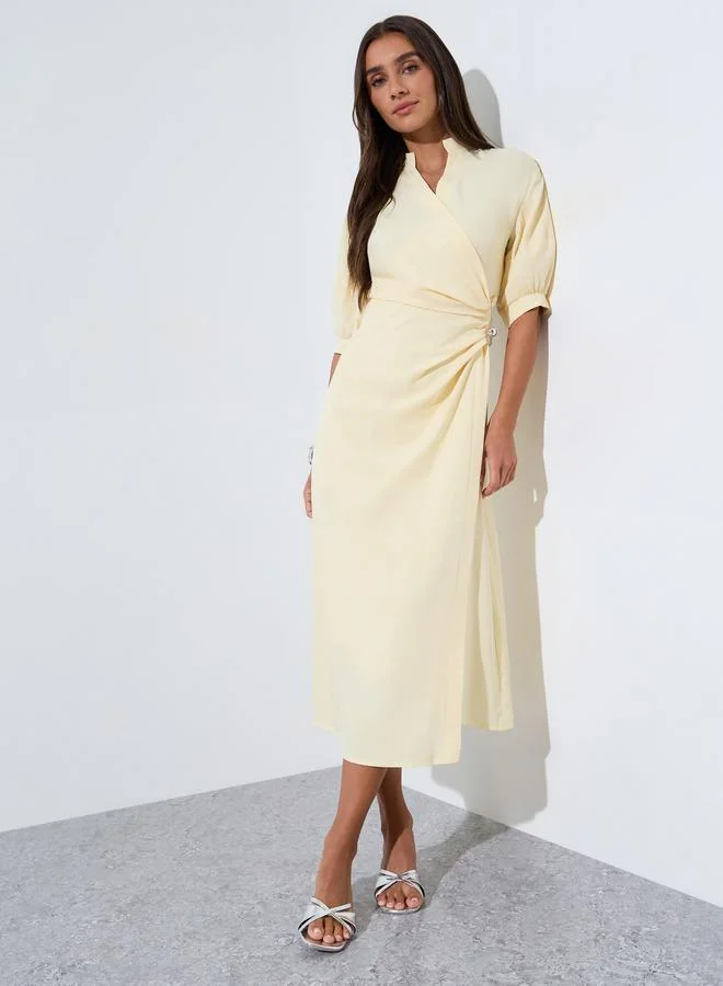 Yellow Solid Side Gathered Detail Short puff Sleeves Midi Dress