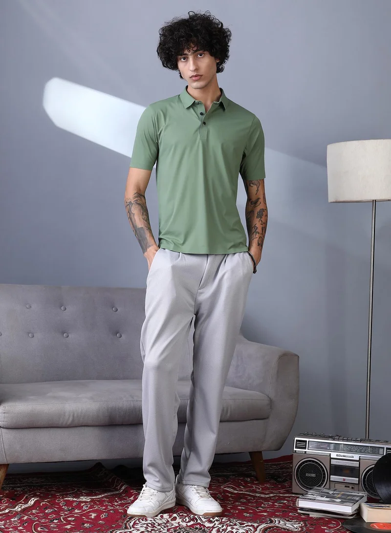 Campus Sutra Campus Sutra Men's Pistachio Green Seamless Touchgrain Polo T-Shirt For Casual Wear | Polo Neck | Short Regular Sleeves | Half-Button Closure | T-Shirt Crafted With Comfort Fit For Everyday Wear