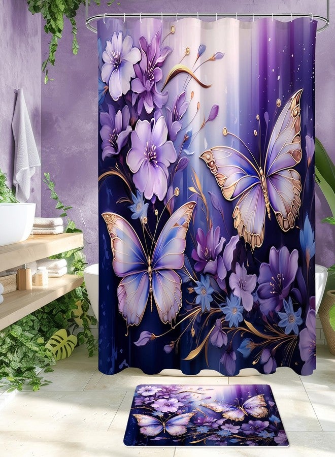 Litabel 4 Pcs Purple Red Floral Butterfly Shower Curtain Set with Non-Slip Rugs, Modern Toilet Lid Cover and Bath Mat, Elegant Bathroom Decor Set with Shower Curtain and Rugs(Hooks Not Included) - Image 3