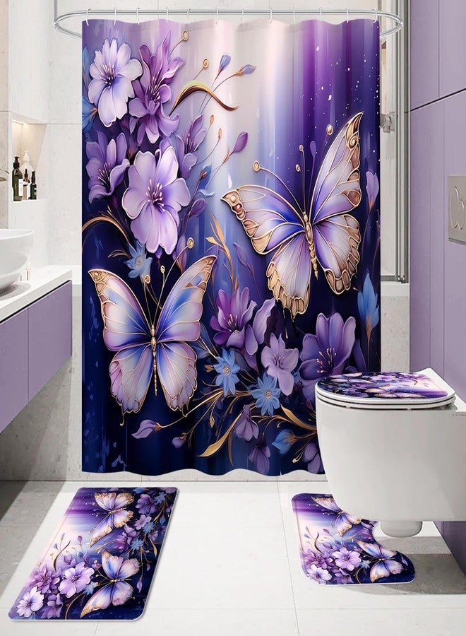 Litabel 4 Pcs Purple Red Floral Butterfly Shower Curtain Set with Non-Slip Rugs, Modern Toilet Lid Cover and Bath Mat, Elegant Bathroom Decor Set with Shower Curtain and Rugs(Hooks Not Included) - Image 2