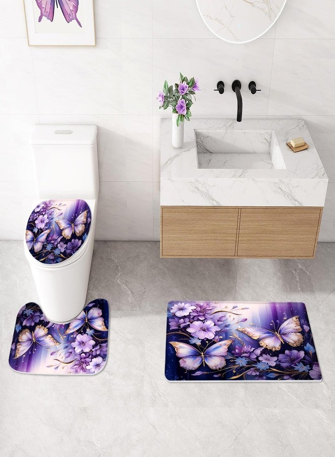 Litabel 4 Pcs Purple Red Floral Butterfly Shower Curtain Set with Non-Slip Rugs, Modern Toilet Lid Cover and Bath Mat, Elegant Bathroom Decor Set with Shower Curtain and Rugs(Hooks Not Included) - Image 4