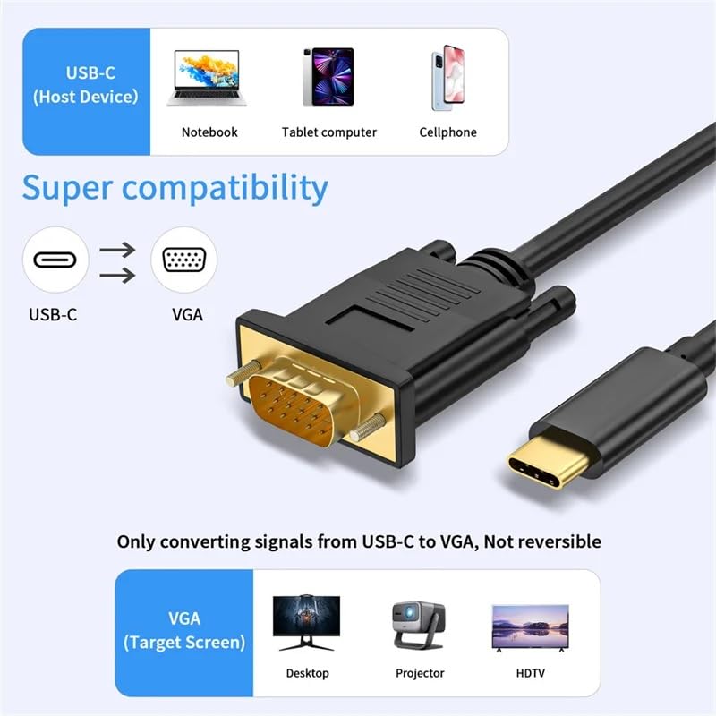 Microware 1.8M USB C Video Converter Cable for Projector Monitor HDTV -C Male to VGA Male Adapter Cable for Thunderbolt3/4 Laptop - Image 2