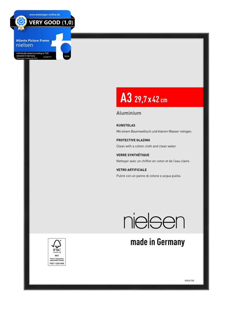 nielsen Atlanta Aluminium Picture Frame Frosted Black A3 297x42cm with Push and Turn Clips