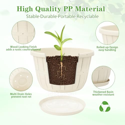 Quarut 10 inch Plastic Flower Pots for Indoor Plants4 Pack Large Outdoor Planter Pot with Drainage Holes SaucersImitation Wine Barrel Designfor Indoor Outdoor Garden PlantsWhite - Image 3
