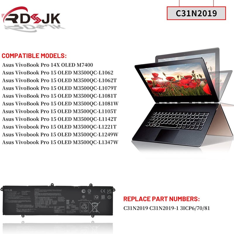 C31N2019 C31N2019-1 Laptop Battery for Asus VivoBook Pro 14X OLED M7400 15 OLED M3500QC M3500QC-L1062T M3500QC-L1079T M3500QC-L1081T M3500QC-L1142T L1221T M3500QC-L1249W M3500QC-L1347W 11.61V 63Wh - Image 3
