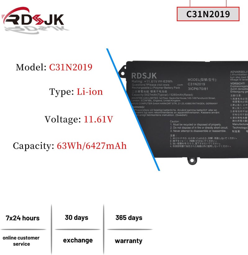 C31N2019 C31N2019-1 Laptop Battery for Asus VivoBook Pro 14X OLED M7400 15 OLED M3500QC M3500QC-L1062T M3500QC-L1079T M3500QC-L1081T M3500QC-L1142T L1221T M3500QC-L1249W M3500QC-L1347W 11.61V 63Wh - Image 2