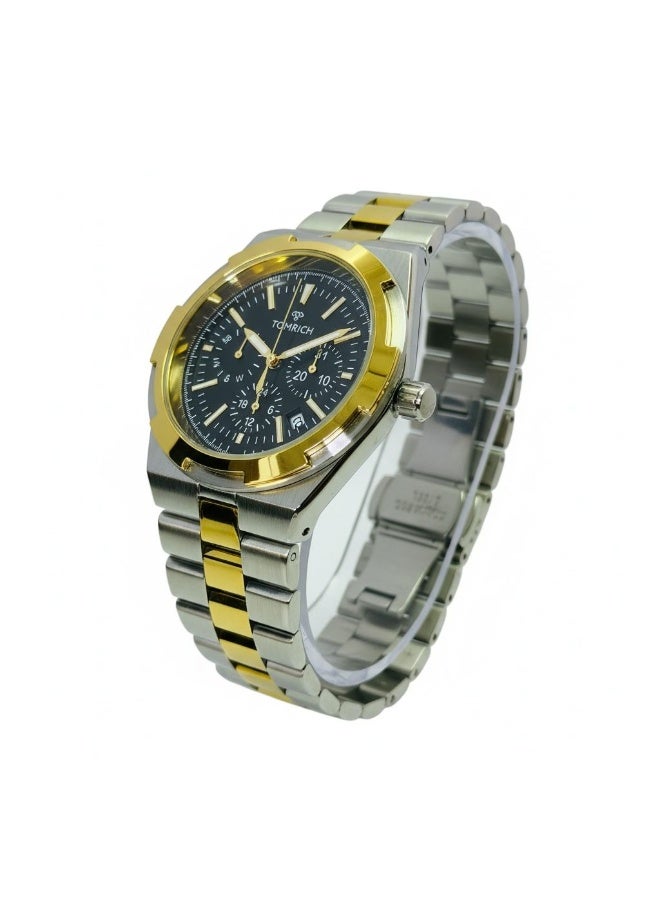 TOMRICH Imperial Men’s Stainless Steel Watch Two Tone Gold Silver Chronograph Style Black Dial Quartz Analog Wrist Watch - Image 3