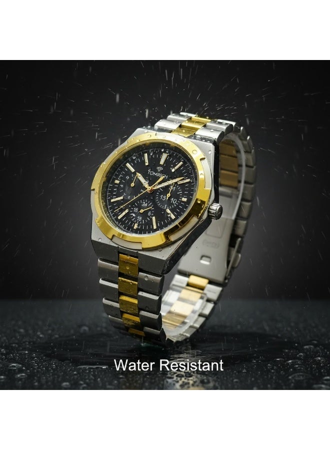 TOMRICH Imperial Men’s Stainless Steel Watch Two Tone Gold Silver Chronograph Style Black Dial Quartz Analog Wrist Watch - Image 4