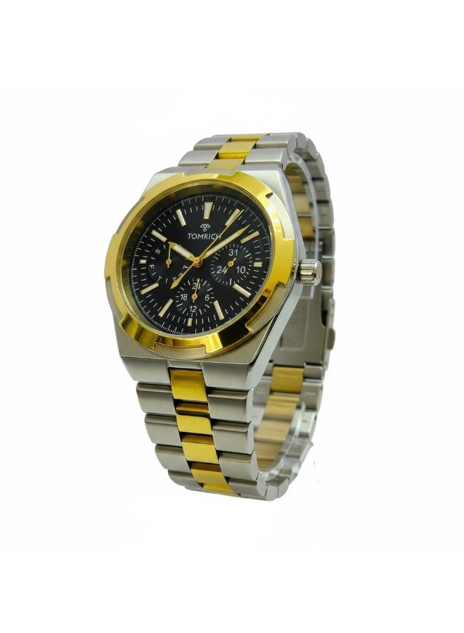 TOMRICH Imperial Men’s Stainless Steel Watch Two Tone Gold Silver Chronograph Style Black Dial Quartz Analog Wrist Watch - Image 2