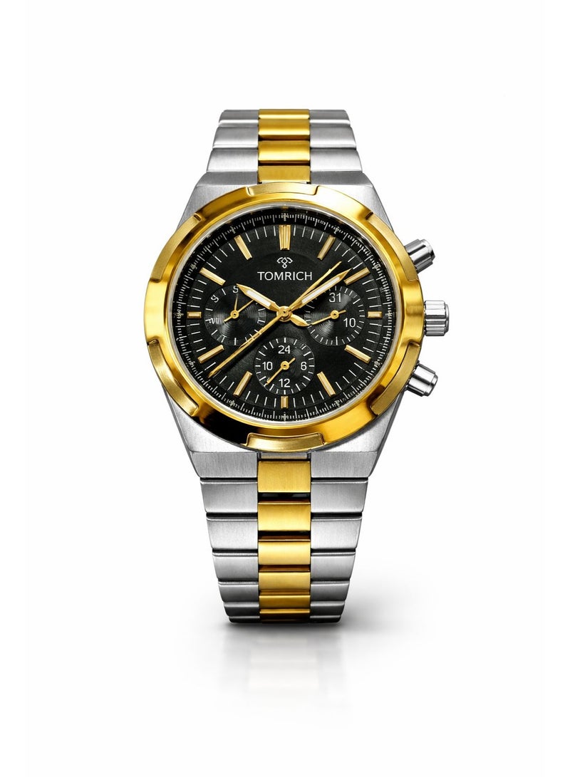 TOMRICH Imperial Men’s Stainless Steel Watch Two Tone Gold Silver Chronograph Style Black Dial Quartz Analog Wrist Watch - Image 1