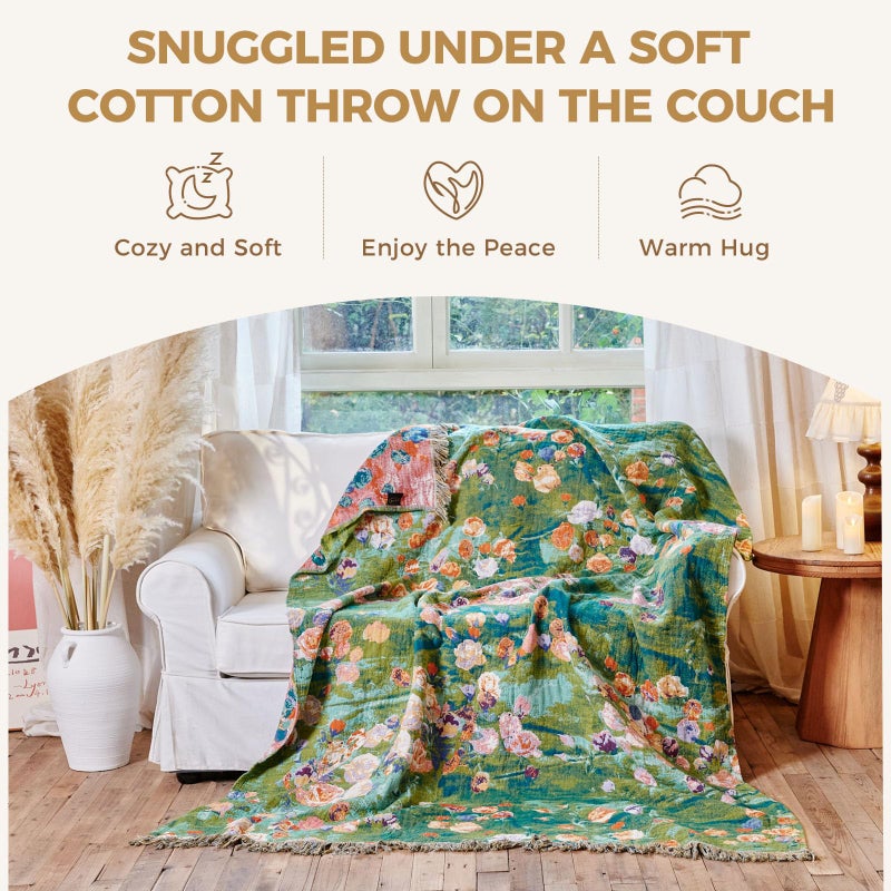 LUTBM Boho Throw Blanket for Bed Cotton Spring Blankets Twin Size for Bedroom Living Room All Season Lightweight Floral Embroidery Reversible Quilt for Couch Sofa Chair 60"x80" Home Decor - Image 4