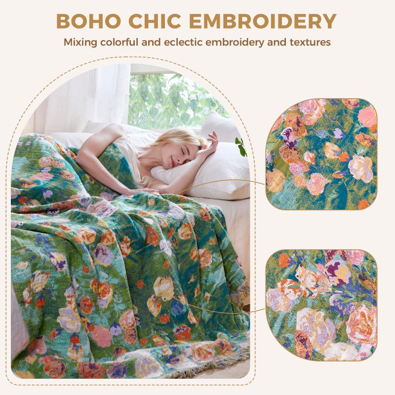 LUTBM Boho Throw Blanket for Bed Cotton Spring Blankets Twin Size for Bedroom Living Room All Season Lightweight Floral Embroidery Reversible Quilt for Couch Sofa Chair 60"x80" Home Decor - Image 3