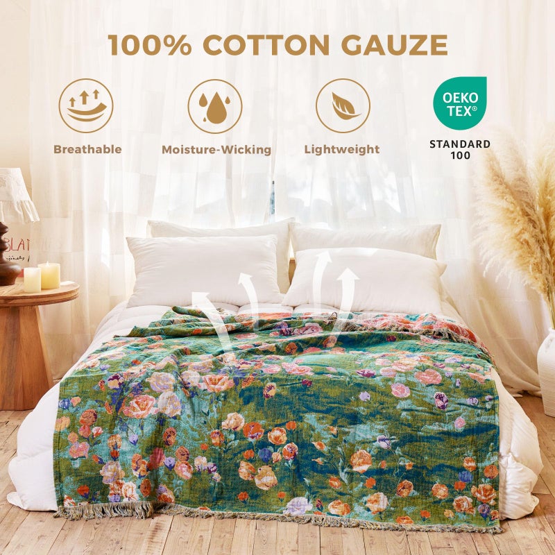 LUTBM Boho Throw Blanket for Bed Cotton Spring Blankets Twin Size for Bedroom Living Room All Season Lightweight Floral Embroidery Reversible Quilt for Couch Sofa Chair 60"x80" Home Decor - Image 2
