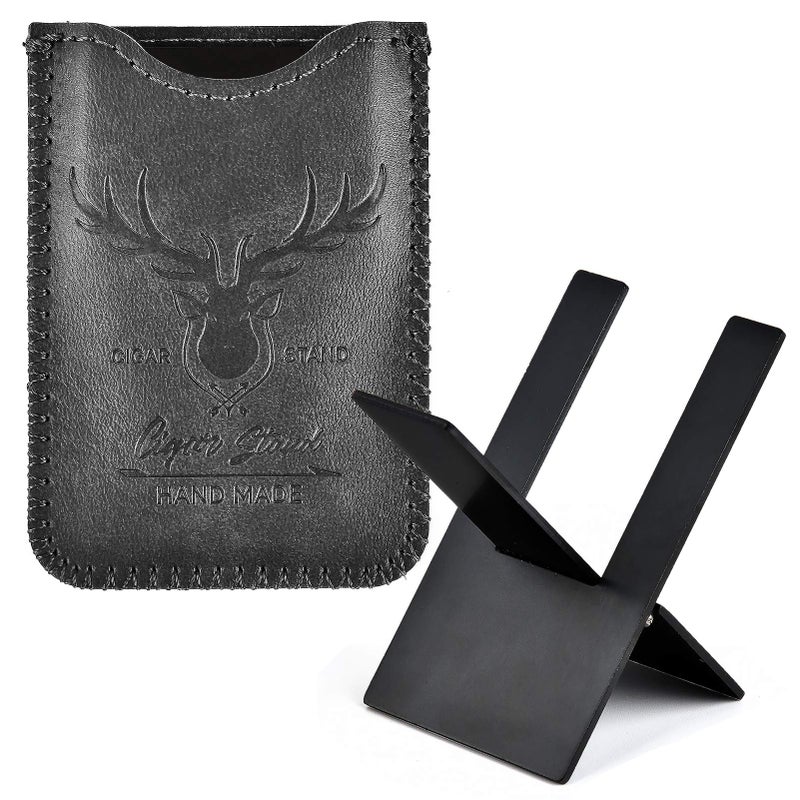 menesia Black Stainless Foldable Cigar Stand Holder with Travel PU Leather CaseLightweight Steel Portable Cigar Cigarette Display Shelf Tray - Image 3