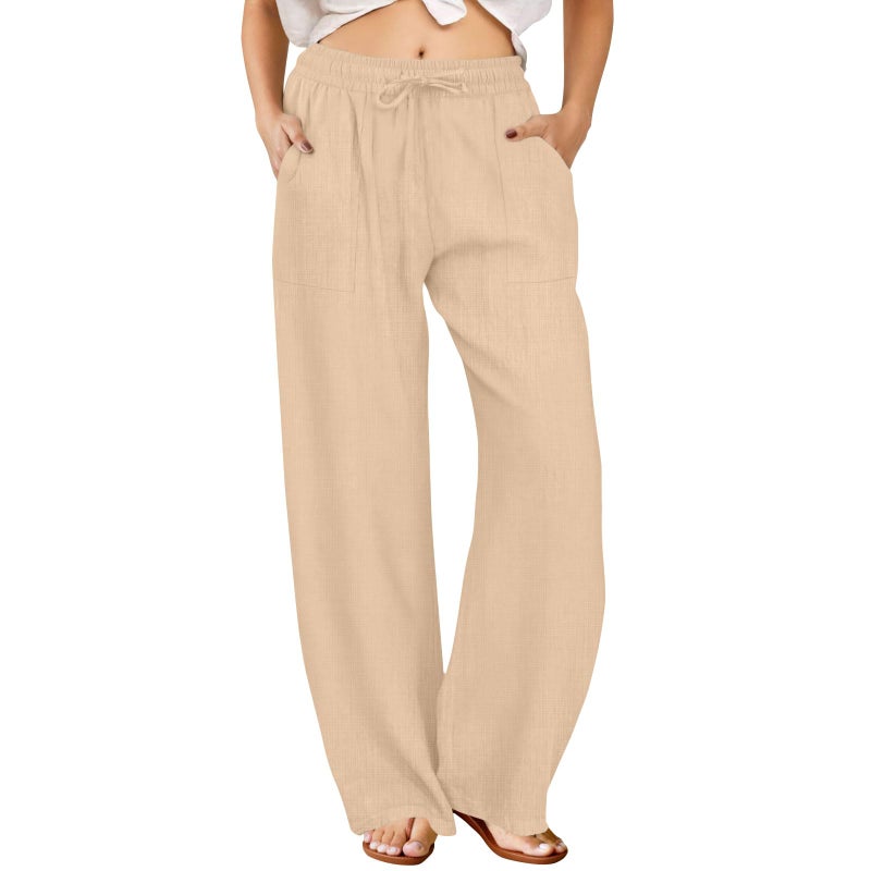 FireSwan Womens Palazzo Pants Casual Drawstring Flowy Pants Wide Leg Summer Beach Linen Trousers with Pockets Light Khaki - Image 1