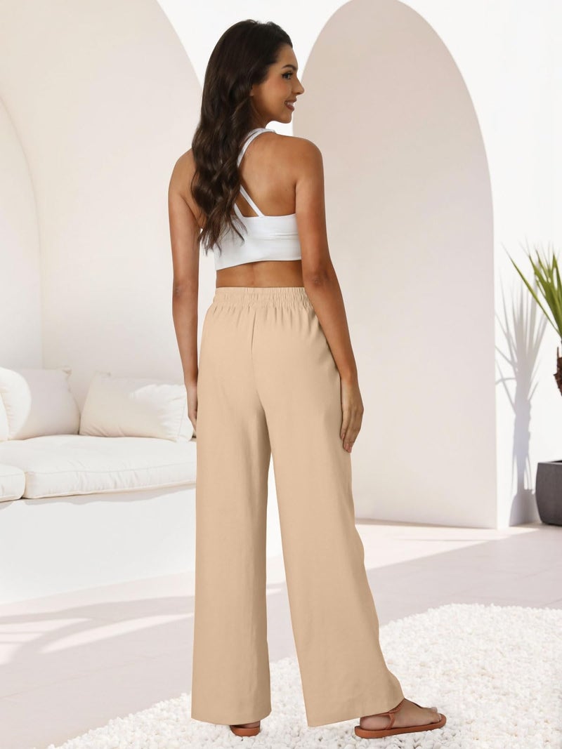 FireSwan Womens Palazzo Pants Casual Drawstring Flowy Pants Wide Leg Summer Beach Linen Trousers with Pockets Light Khaki - Image 4