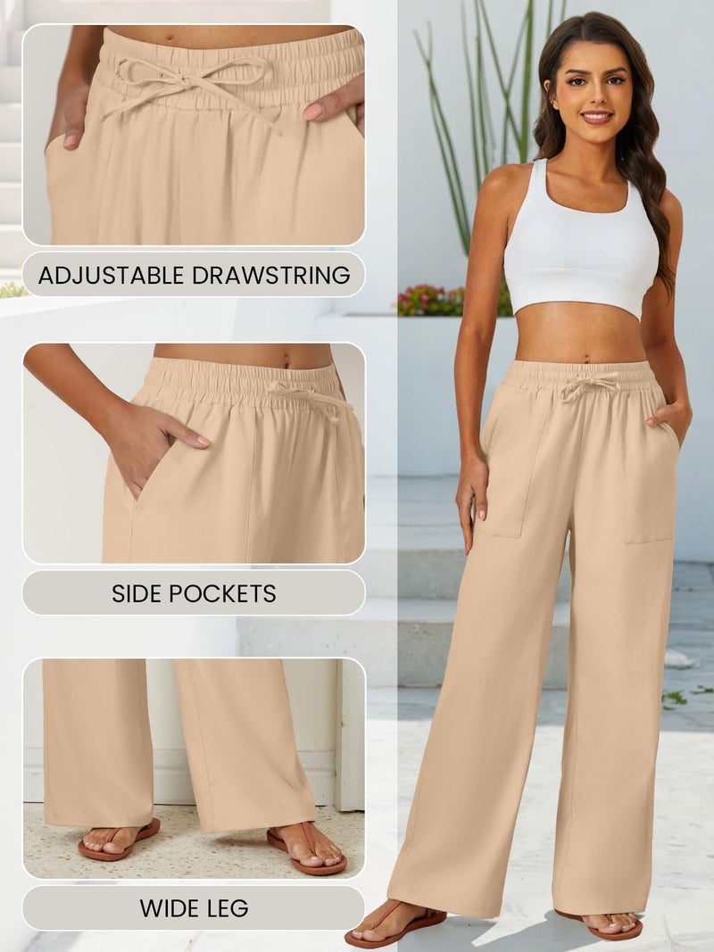 FireSwan Womens Palazzo Pants Casual Drawstring Flowy Pants Wide Leg Summer Beach Linen Trousers with Pockets Light Khaki - Image 5
