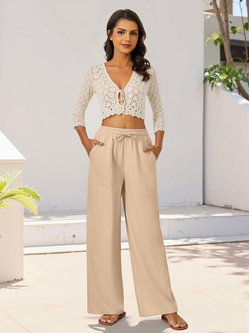 FireSwan Womens Palazzo Pants Casual Drawstring Flowy Pants Wide Leg Summer Beach Linen Trousers with Pockets Light Khaki - Image 2